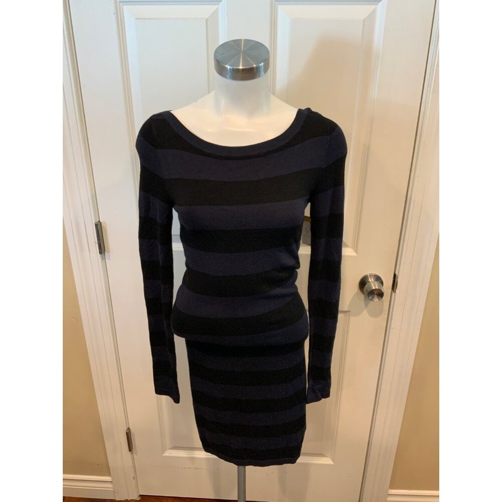 French Connection Black & Blue Striped Long Sleeve Sweater Dress, Size 2